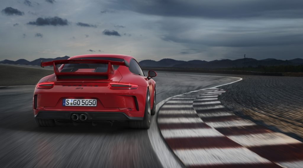2018 Porsche 911 GT3 - Red Exterior - Rear Side - Dynamic - Track