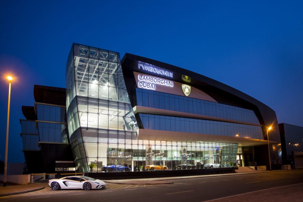 Largest Lamborghini Showroom Opens In Dubai - Exterior View - Evening