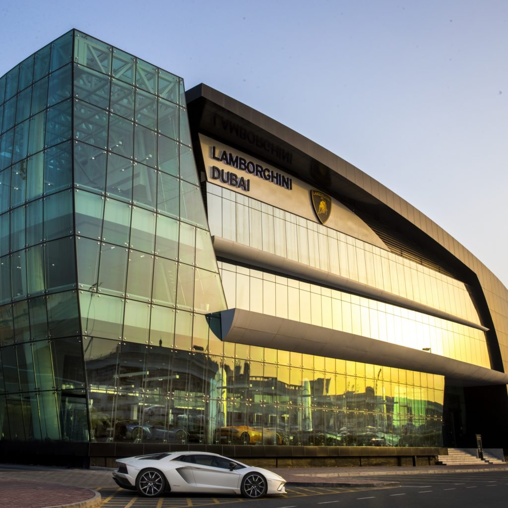 Largest Lamborghini Showroom Opens In Dubai - Exterior View - White Aventador - Zoomed Out