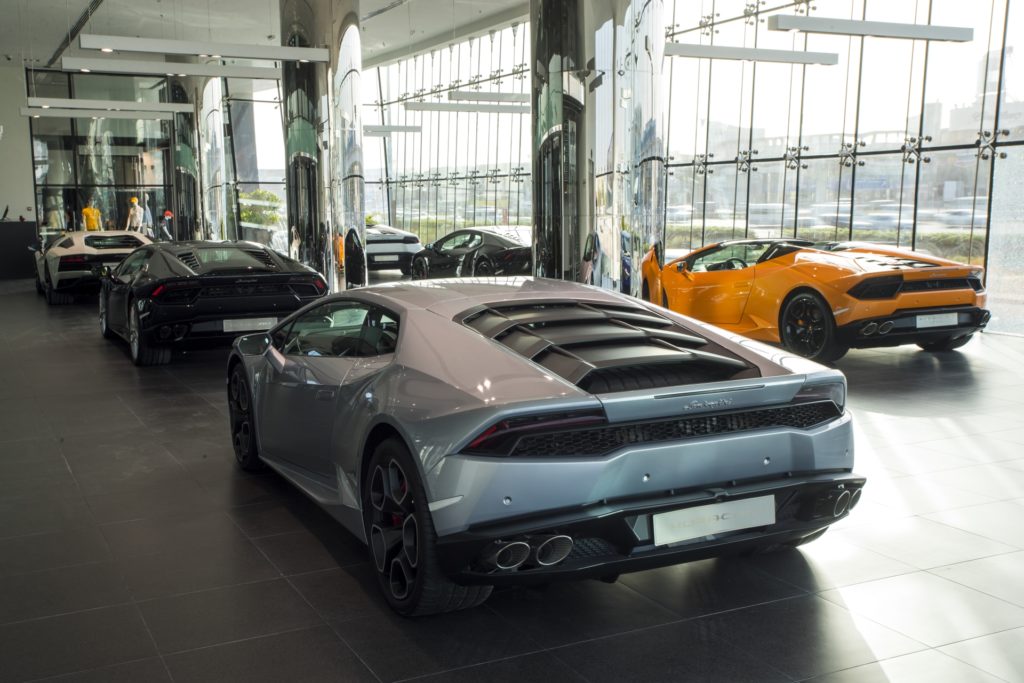 Largest Lamborghini Showroom Opens In Dubai - Interior - Grey Huracan - Rear Side Quarter