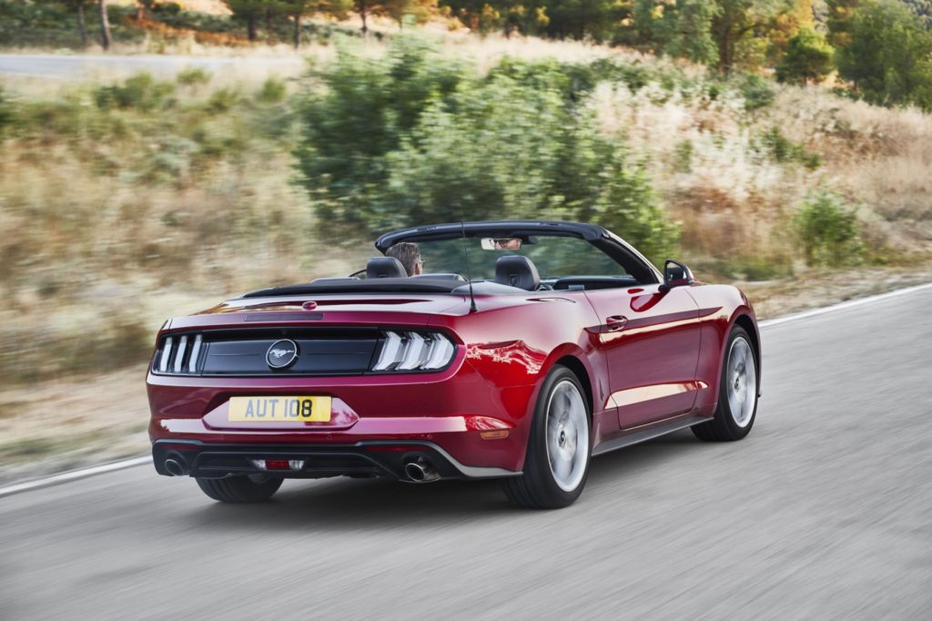 2018 Ford Mustang GT Convertible - Red Exterior - Rear Side View - Top Down - Dynamic
