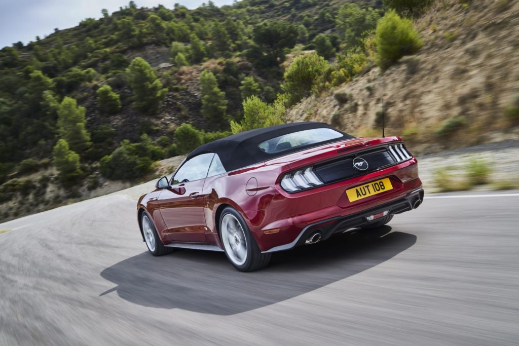 2018 Ford Mustang GT Convertible - Red Exterior - Rear Side View - Top Up - Dynamic