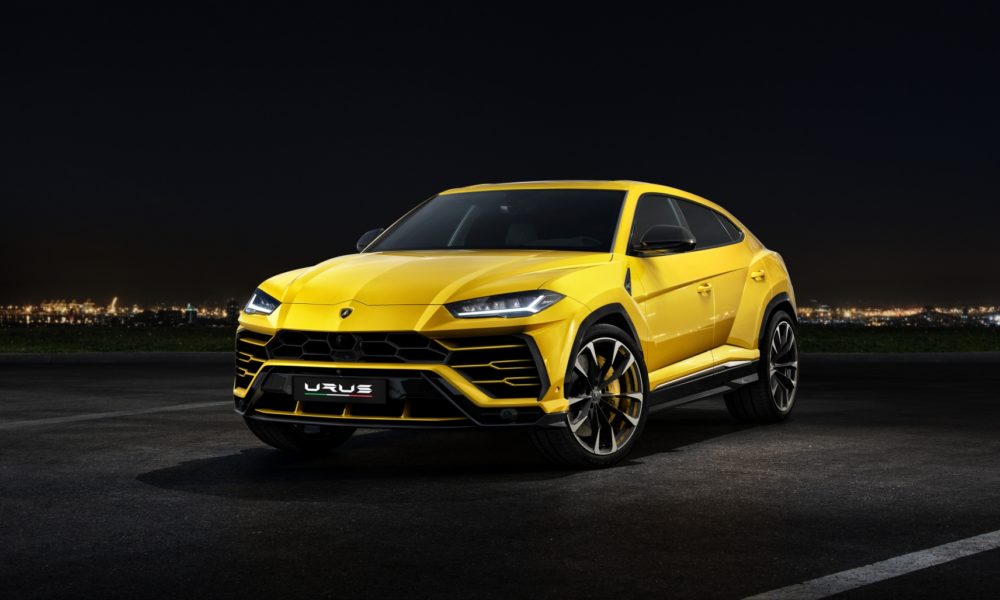 2018 Lamborghini Urus SUV - Yellow Exterior - Front Side View - Black Background